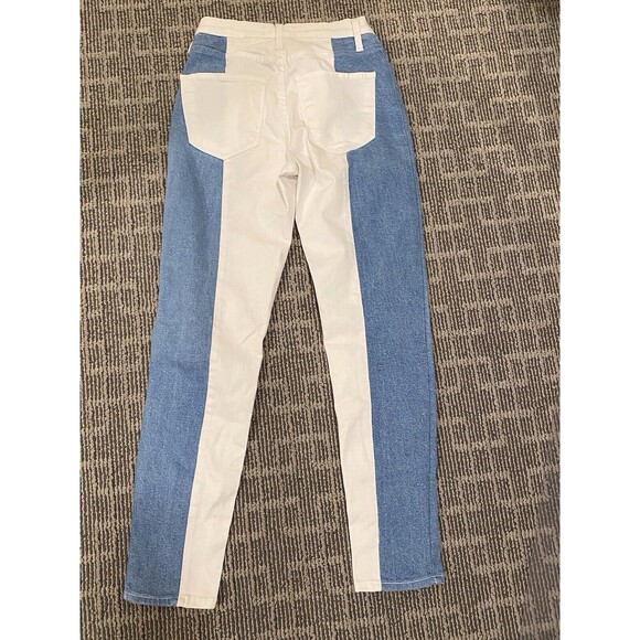 Akira Colorblock Denim Jeans Size 7 White And Denim Geometric Boho Festival - Picture 5 of 5